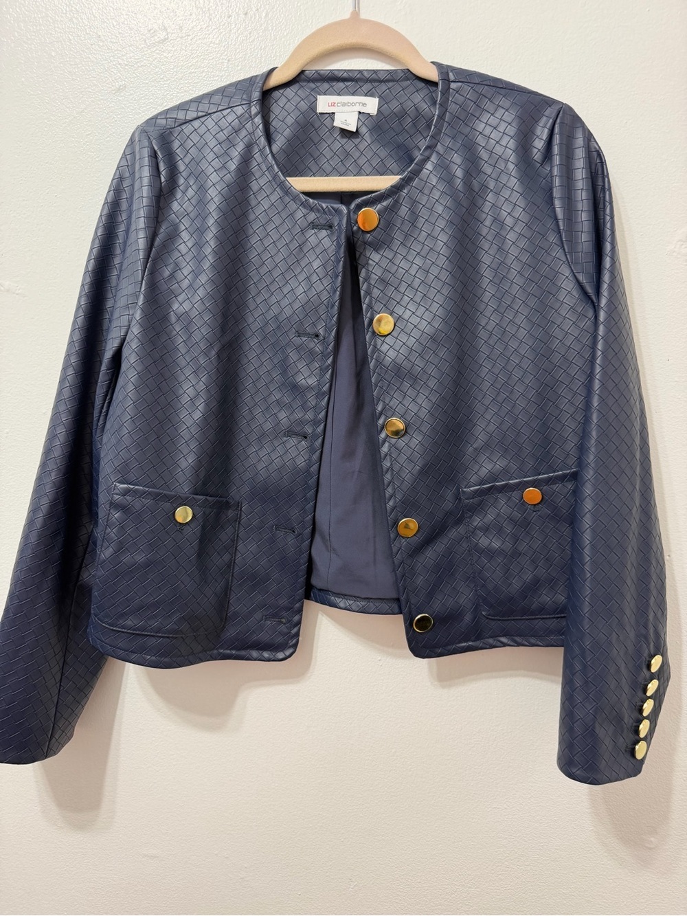 NWOT Liz Claiborne Navy Quilted Faux-Leather Jacket - Picture 1 of 5
